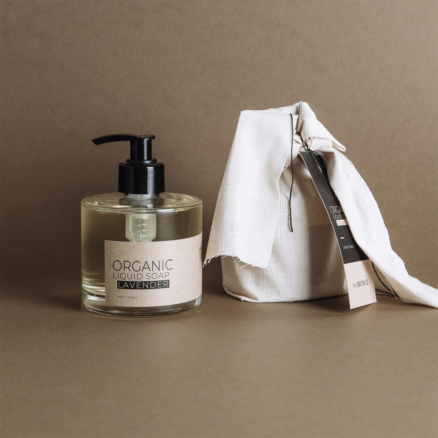 Lavender organic liquid soap in glass bottle