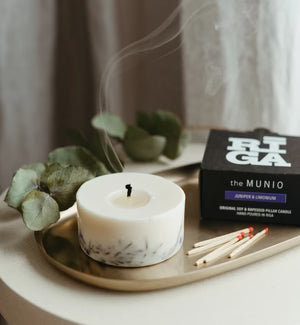 Riga Original® × the MUNIO Juniper & limonium mini pillar candle