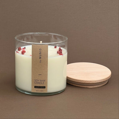 Apple spice candle in a glass votive with 2 wicks