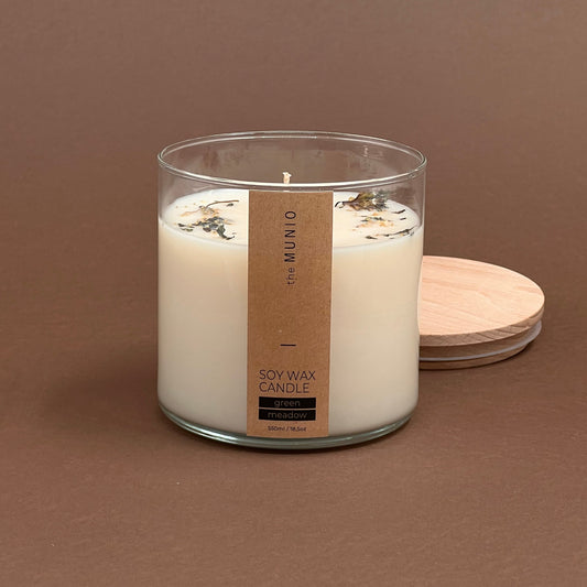 Green meadow candle in glass votive with 2 wicks