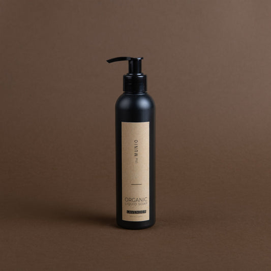 Lavender organic liquid soap in 200ml black bottle