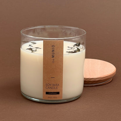 Melissa candle in glass votive with 2 wicks