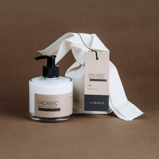 Wild flowers organic hand lotion in glass bottle