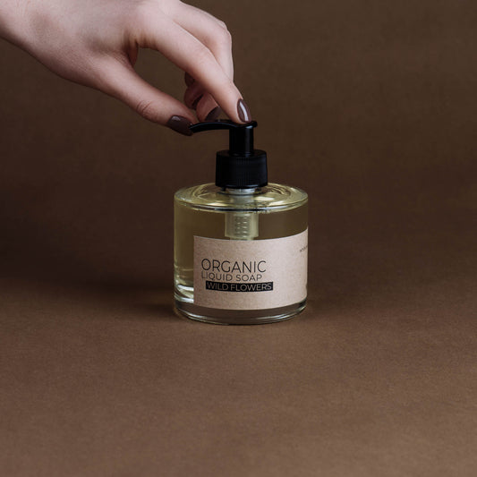 Wild flowers organic liquid soap in glass bottle