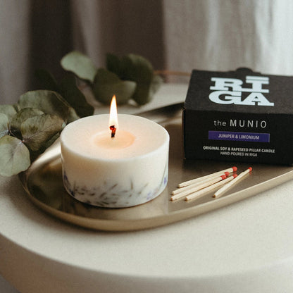 Riga Original® × the MUNIO Juniper & limonium mini pillar candle